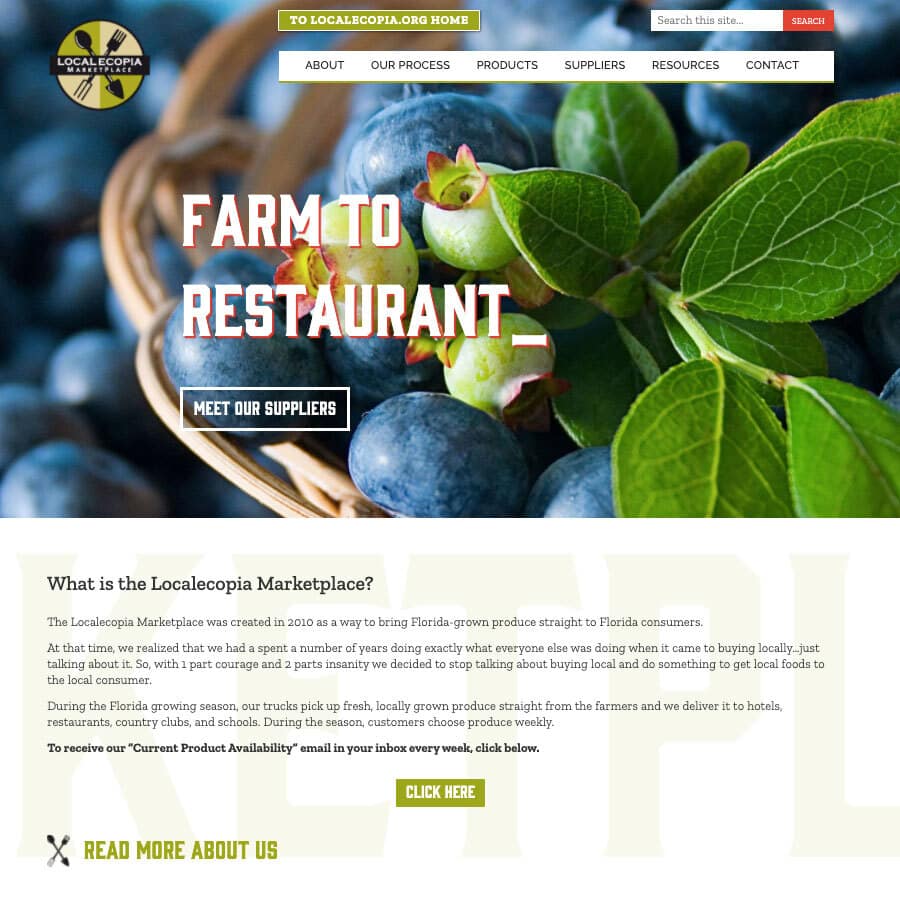 snapshot of the homepage of Localecopia Marketplace. basket of blueberries ``farm to restaurant``